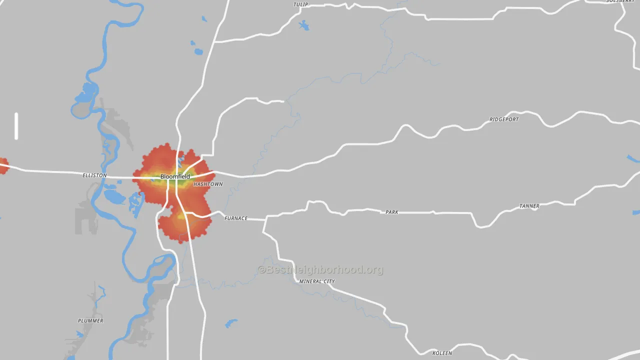 Walk Grade map of 47424, IN, walkable areas in green and car-dependent areas in red