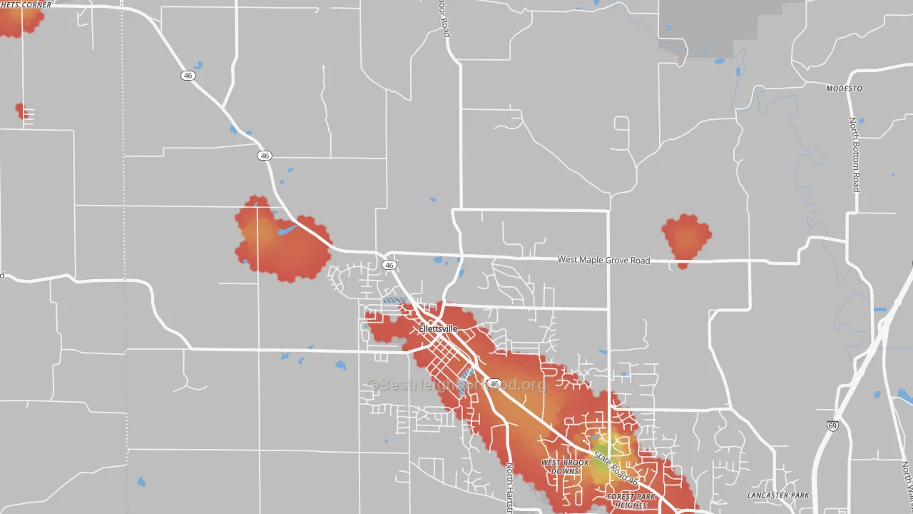 Walk Grade map of 47429, IN, walkable areas in green and car-dependent areas in red