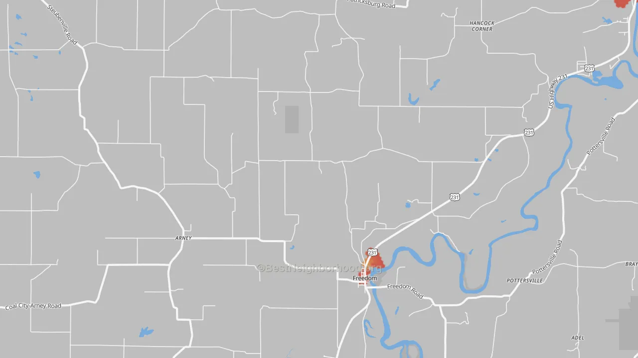 Walk Grade map of 47431, IN, walkable areas in green and car-dependent areas in red