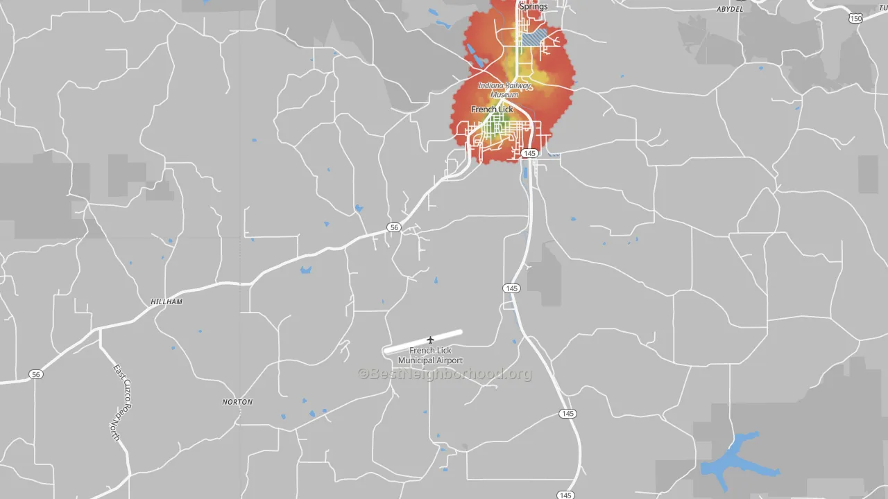 Walk Grade map of 47432, IN, walkable areas in green and car-dependent areas in red