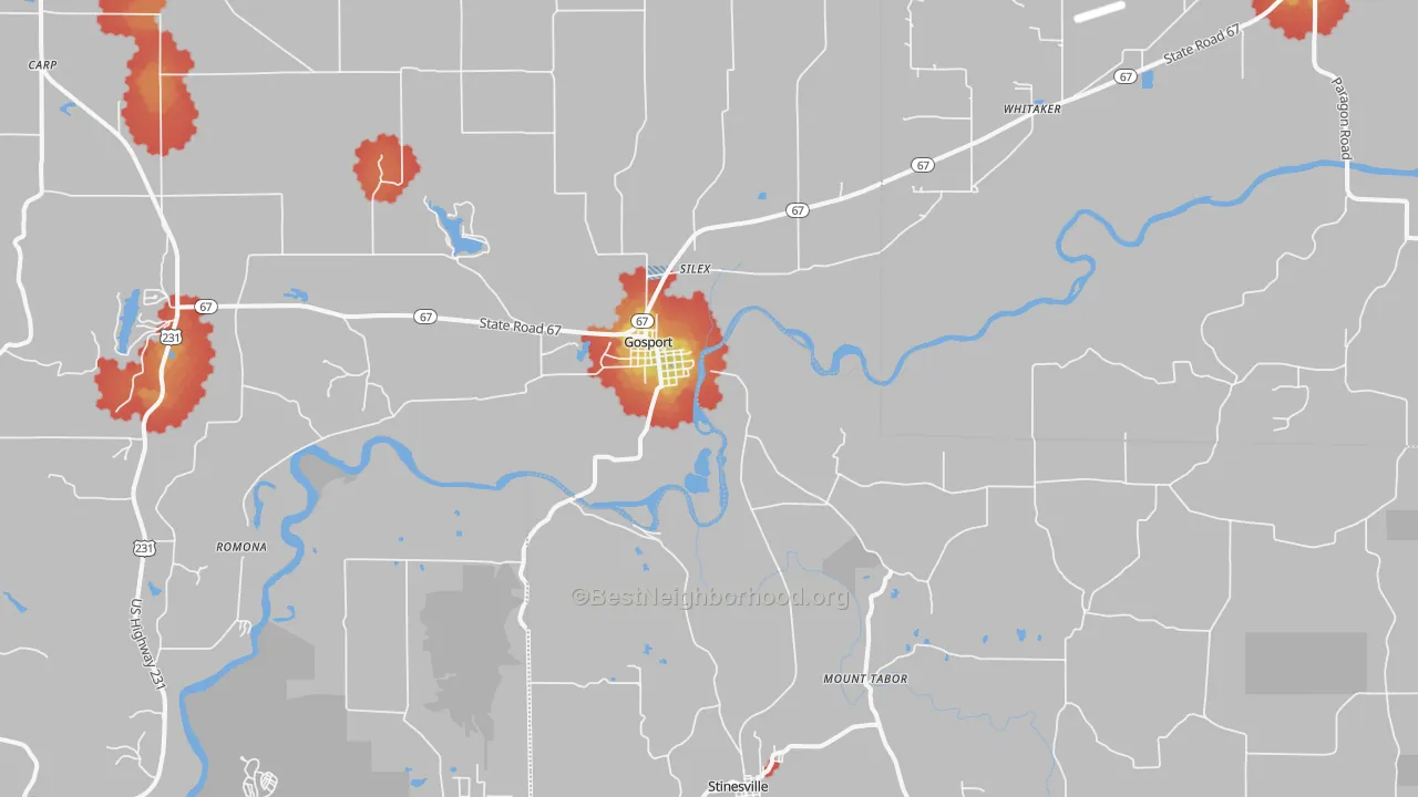Walk Grade map of 47433, IN, walkable areas in green and car-dependent areas in red