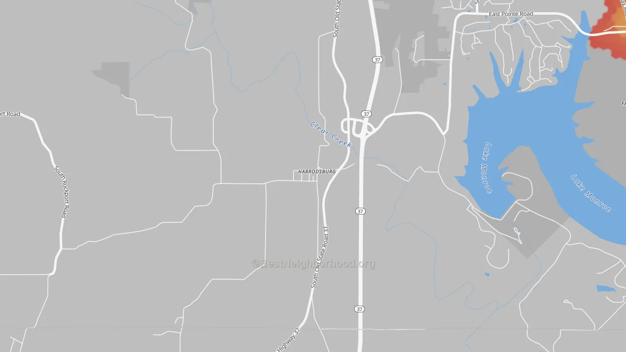 Walk Grade map of 47434, IN, walkable areas in green and car-dependent areas in red