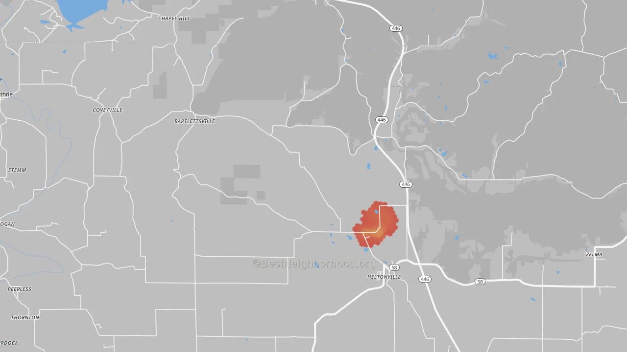 Walk Grade map of 47436, IN, walkable areas in green and car-dependent areas in red