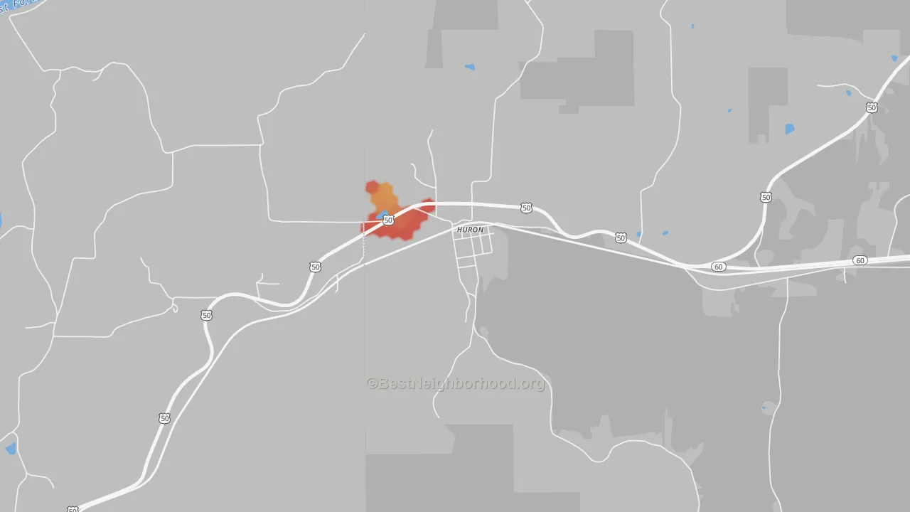 Walk Grade map of 47437, IN, walkable areas in green and car-dependent areas in red