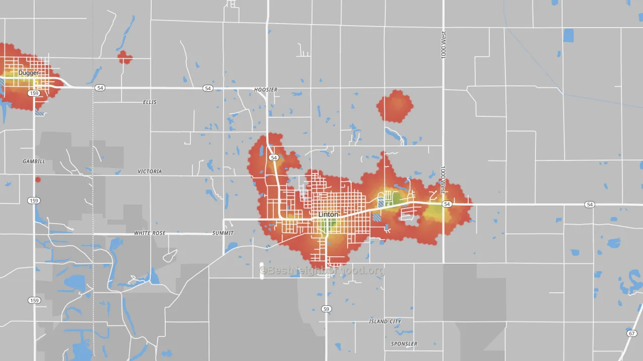 Walk Grade map of 47441, IN, walkable areas in green and car-dependent areas in red