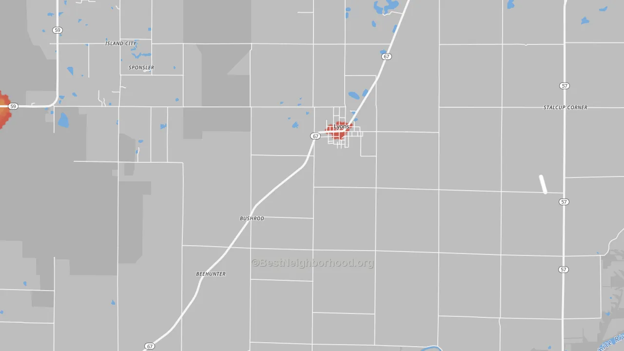 Walk Grade map of 47443, IN, walkable areas in green and car-dependent areas in red