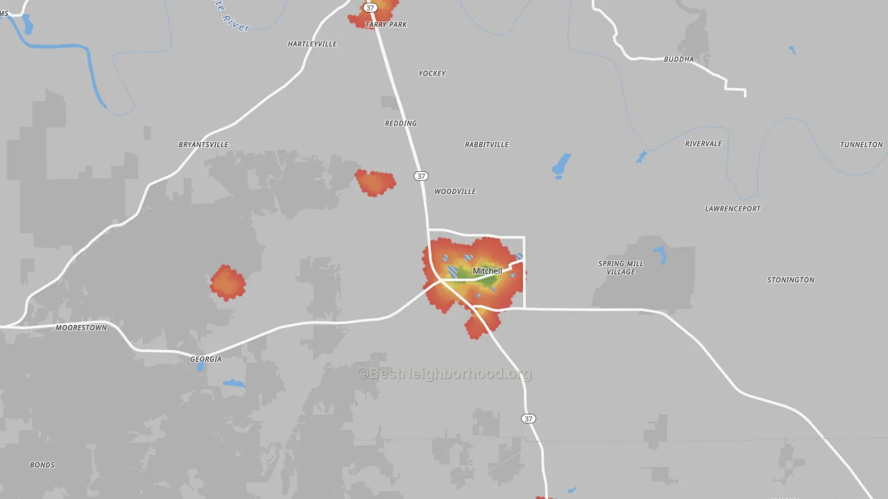 Walk Grade map of 47446, IN, walkable areas in green and car-dependent areas in red