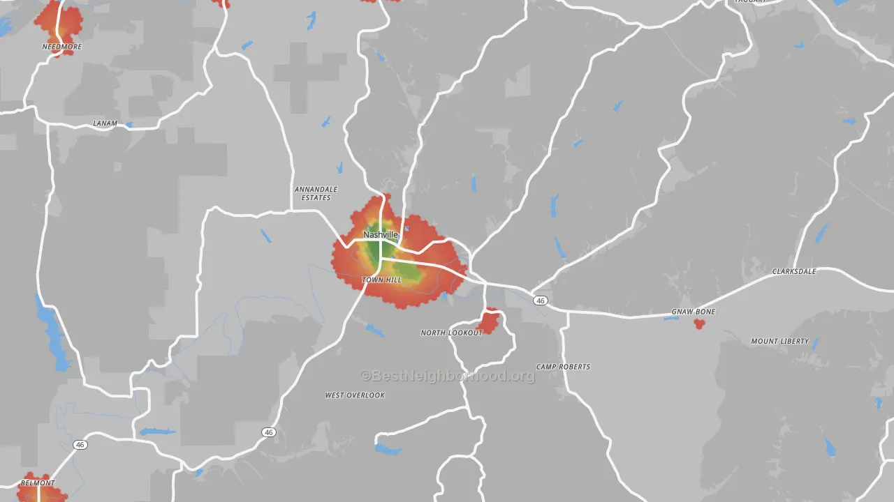 Walk Grade map of 47448, IN, walkable areas in green and car-dependent areas in red