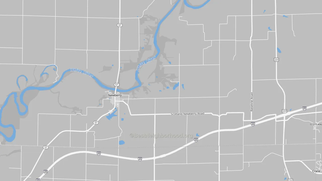Walk Grade map of 47449, IN, walkable areas in green and car-dependent areas in red