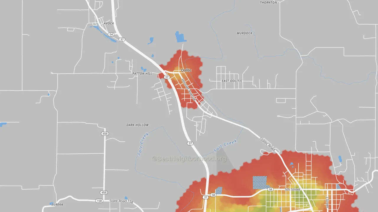 Walk Grade map of 47451, IN, walkable areas in green and car-dependent areas in red
