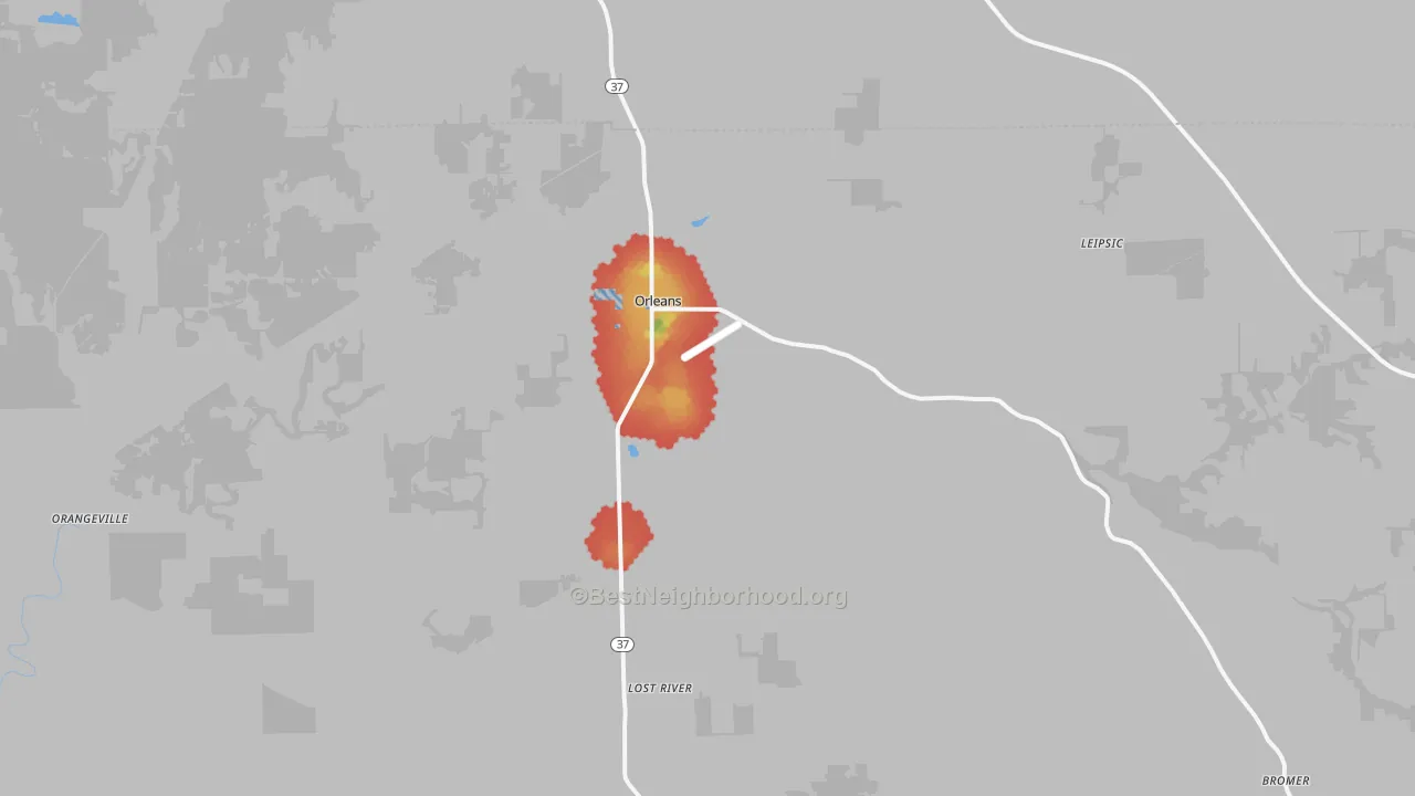 Walk Grade map of 47452, IN, walkable areas in green and car-dependent areas in red