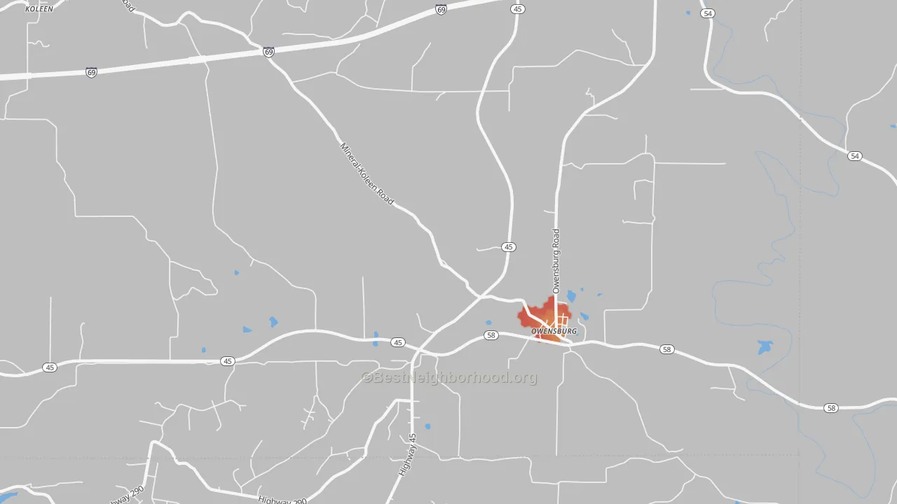 Walk Grade map of 47453, IN, walkable areas in green and car-dependent areas in red