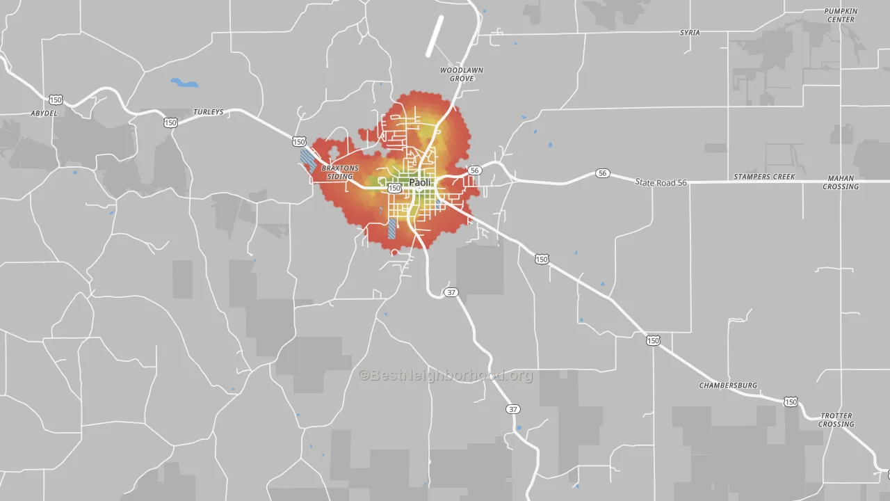 Walk Grade map of 47454, IN, walkable areas in green and car-dependent areas in red