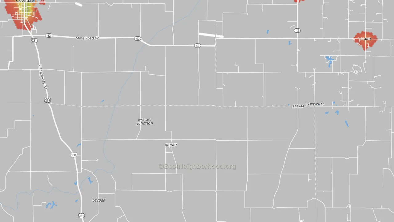 Walk Grade map of 47456, IN, walkable areas in green and car-dependent areas in red