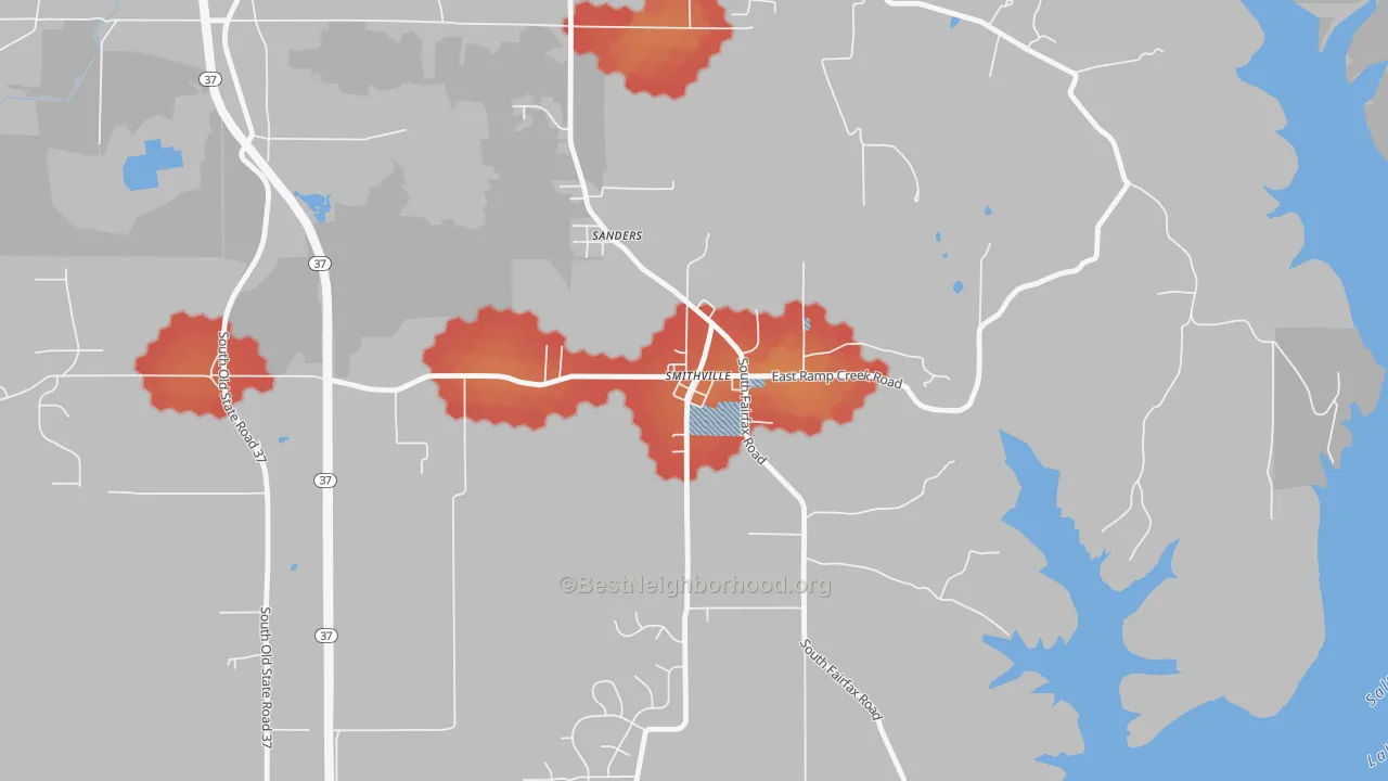 Walk Grade map of 47458, IN, walkable areas in green and car-dependent areas in red
