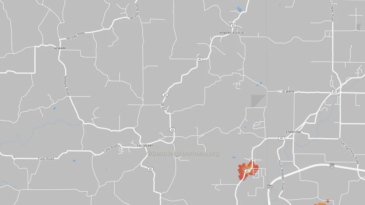 Walk Grade map of 47459, IN, walkable areas in green and car-dependent areas in red
