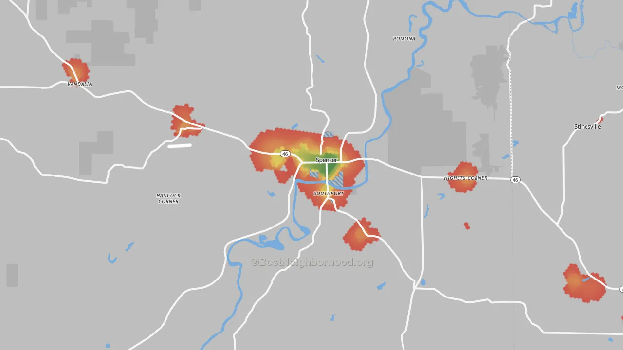 Walk Grade map of 47460, IN, walkable areas in green and car-dependent areas in red