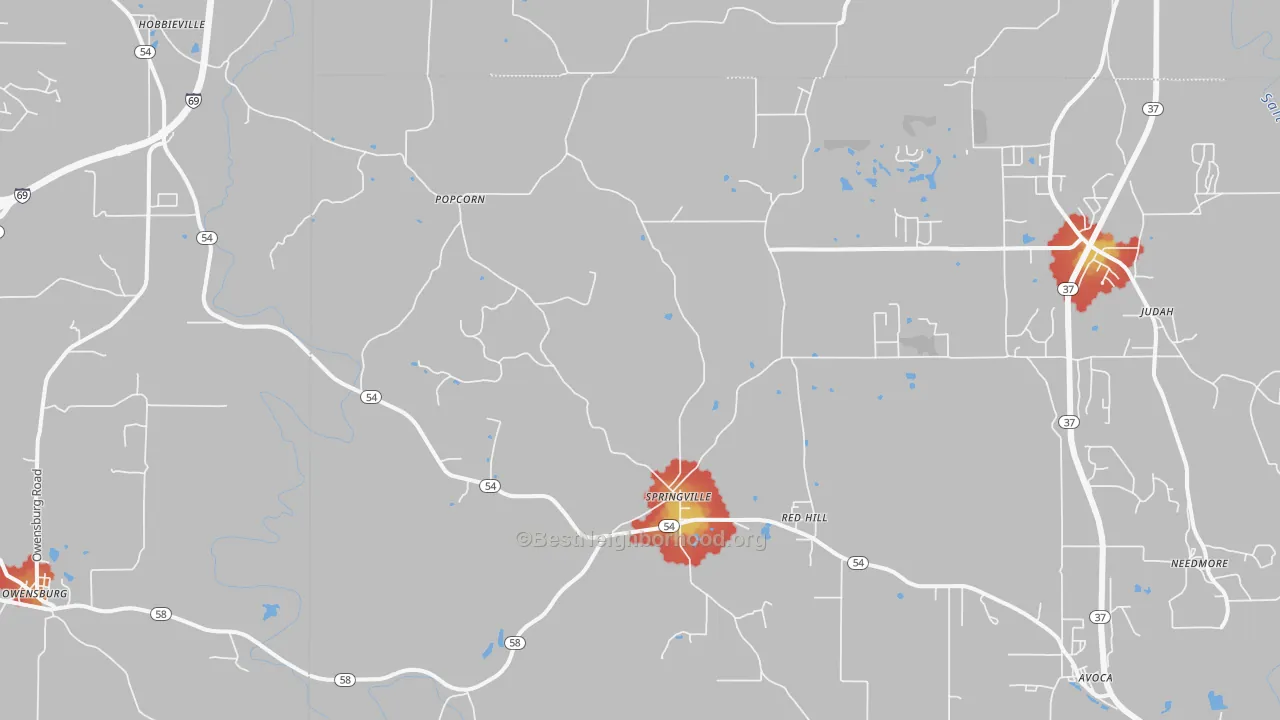 Walk Grade map of 47462, IN, walkable areas in green and car-dependent areas in red