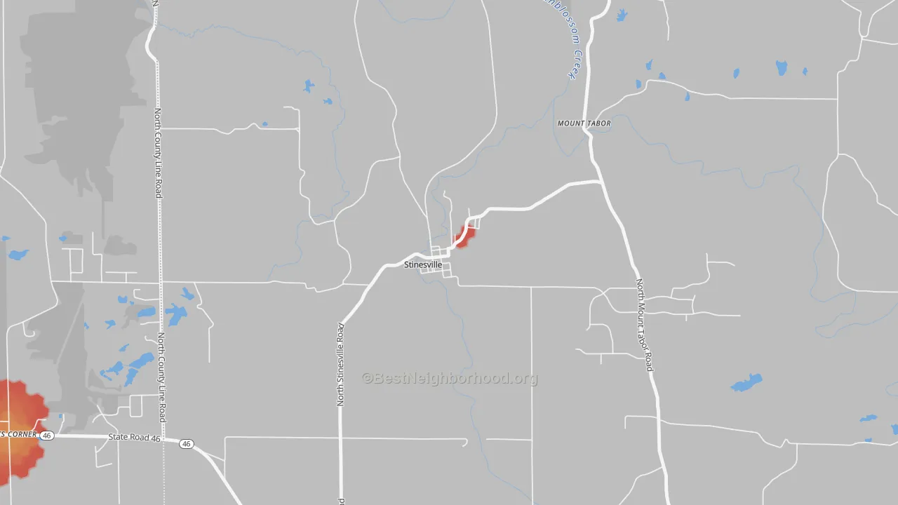 Walk Grade map of 47464, IN, walkable areas in green and car-dependent areas in red