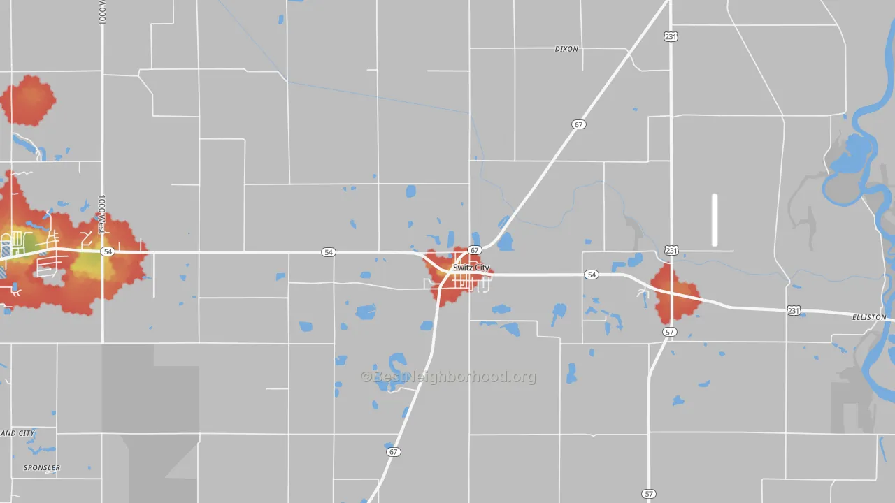 Walk Grade map of 47465, IN, walkable areas in green and car-dependent areas in red
