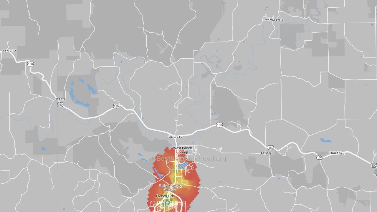 Walk Grade map of 47469, IN, walkable areas in green and car-dependent areas in red