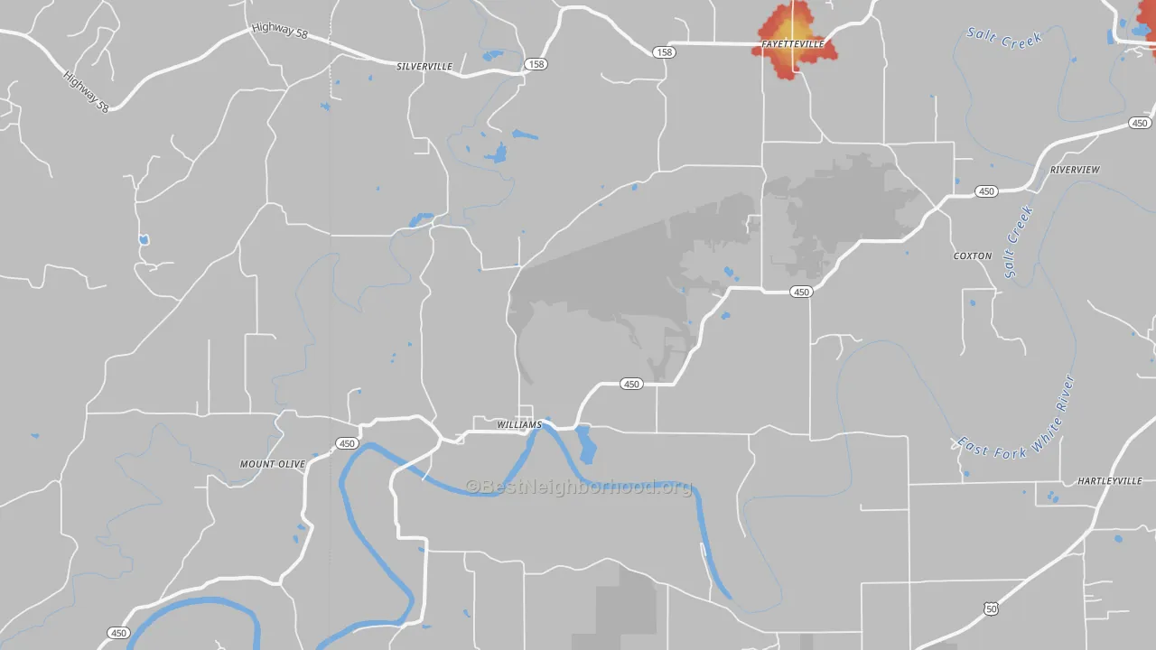 Walk Grade map of 47470, IN, walkable areas in green and car-dependent areas in red