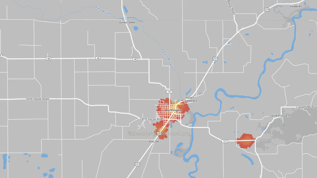 Walk Grade map of 47471, IN, walkable areas in green and car-dependent areas in red