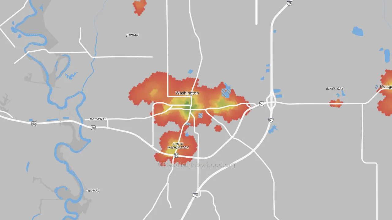 Walk Grade map of 47501, IN, walkable areas in green and car-dependent areas in red