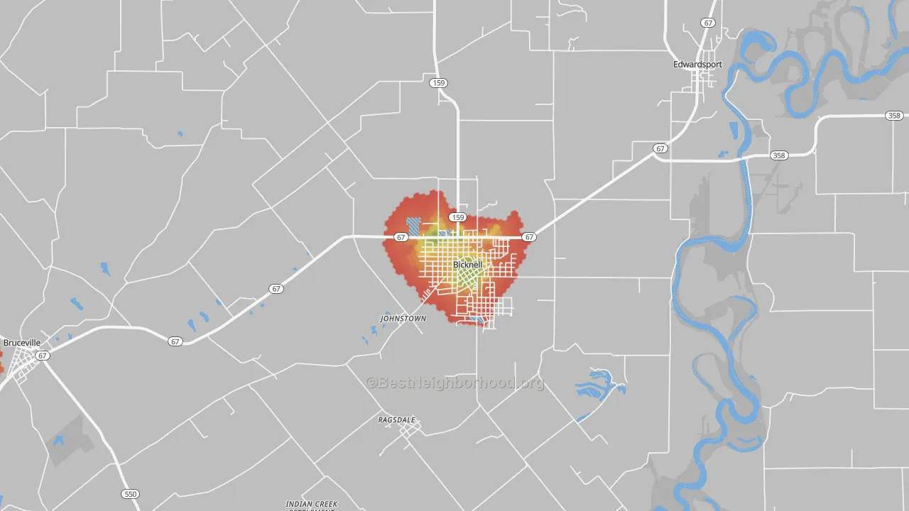 Walk Grade map of 47512, IN, walkable areas in green and car-dependent areas in red