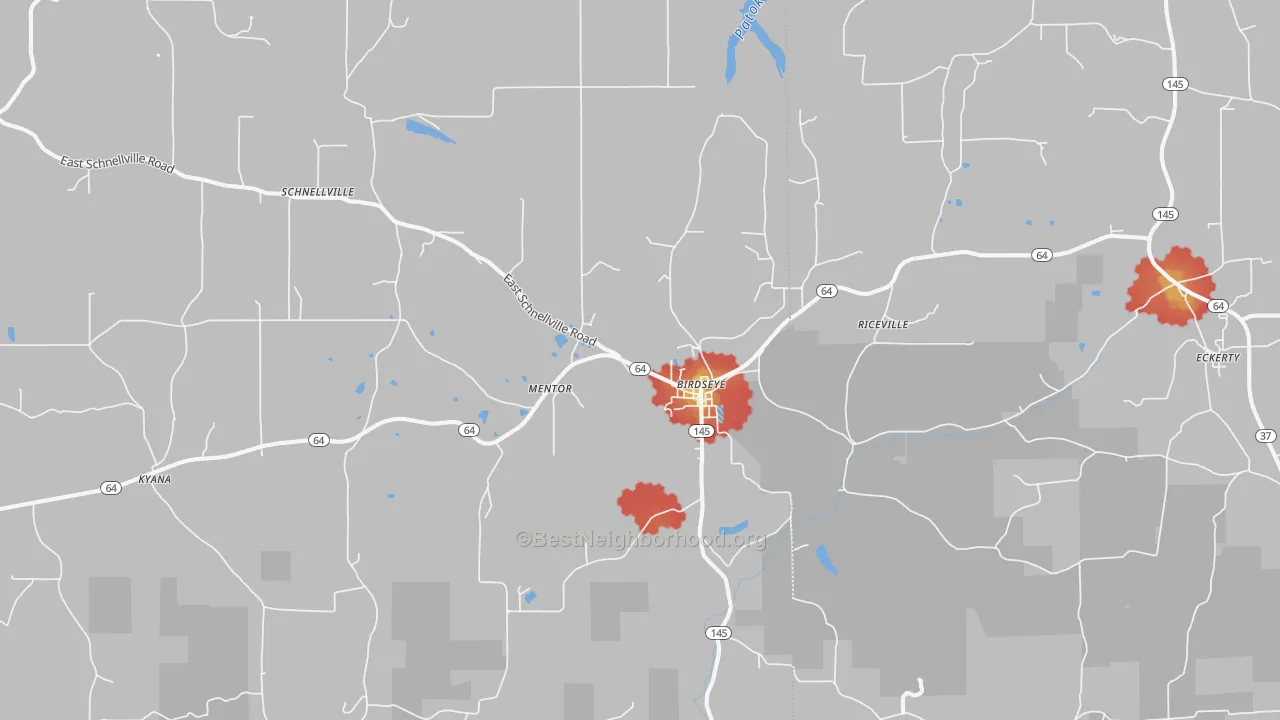 Walk Grade map of 47513, IN, walkable areas in green and car-dependent areas in red