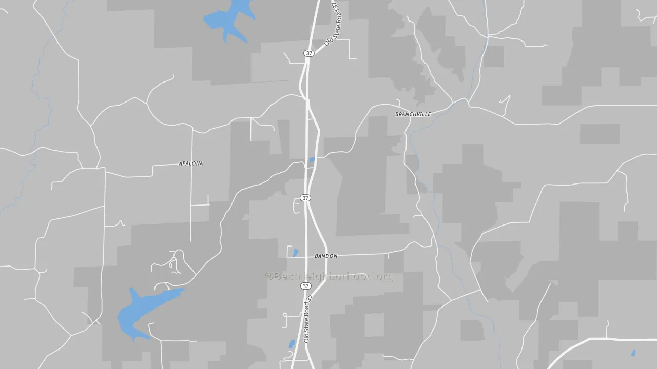 Walk Grade map of 47514, IN, walkable areas in green and car-dependent areas in red