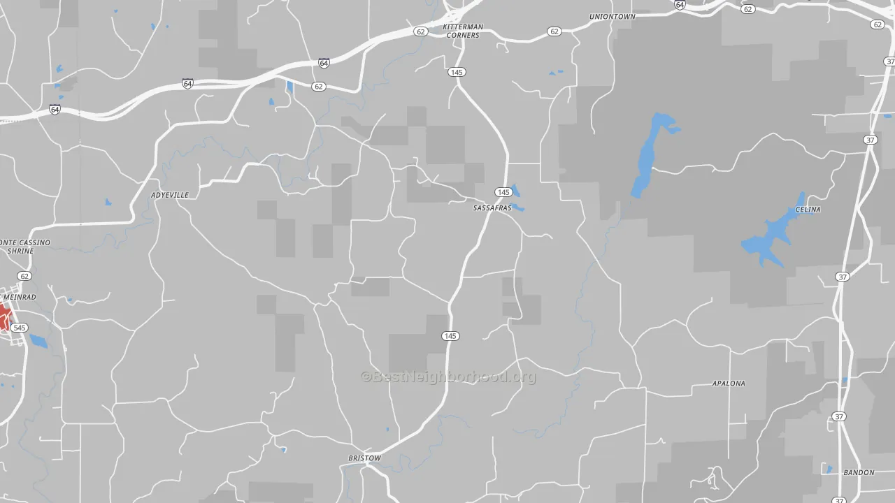 Walk Grade map of 47515, IN, walkable areas in green and car-dependent areas in red