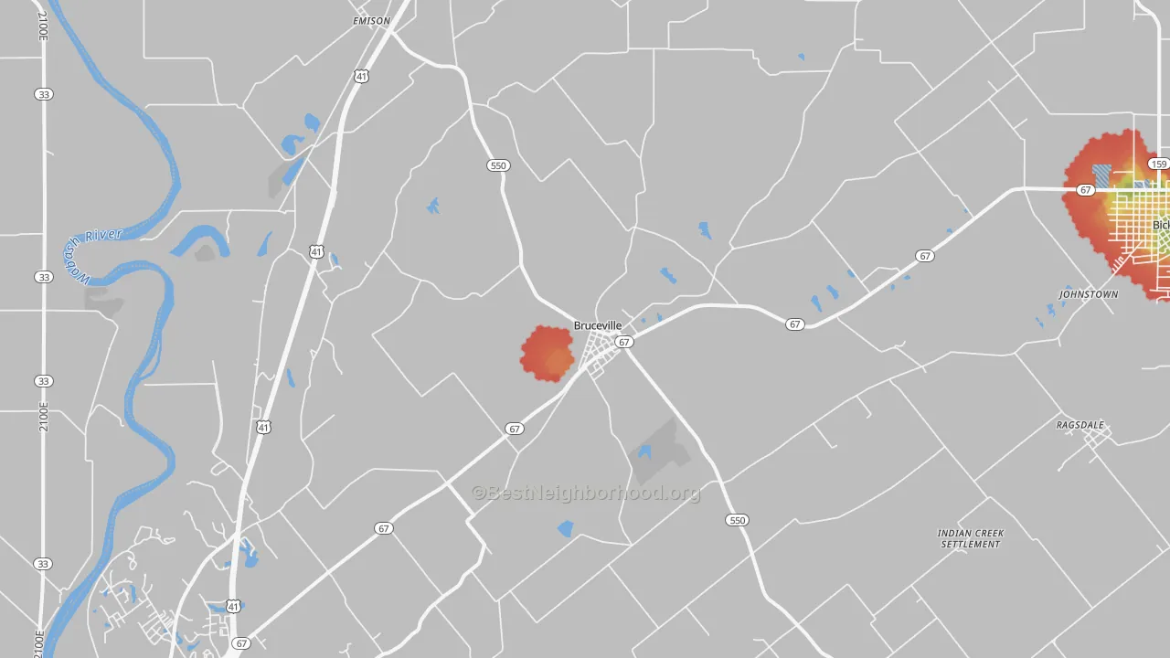 Walk Grade map of 47516, IN, walkable areas in green and car-dependent areas in red