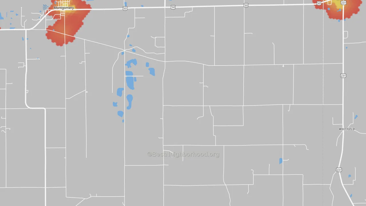 Walk Grade map of 47519, IN, walkable areas in green and car-dependent areas in red