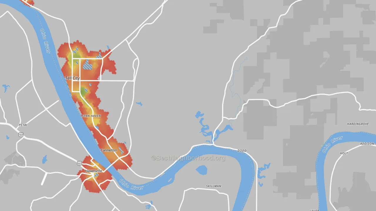 Walk Grade map of 47520, IN, walkable areas in green and car-dependent areas in red