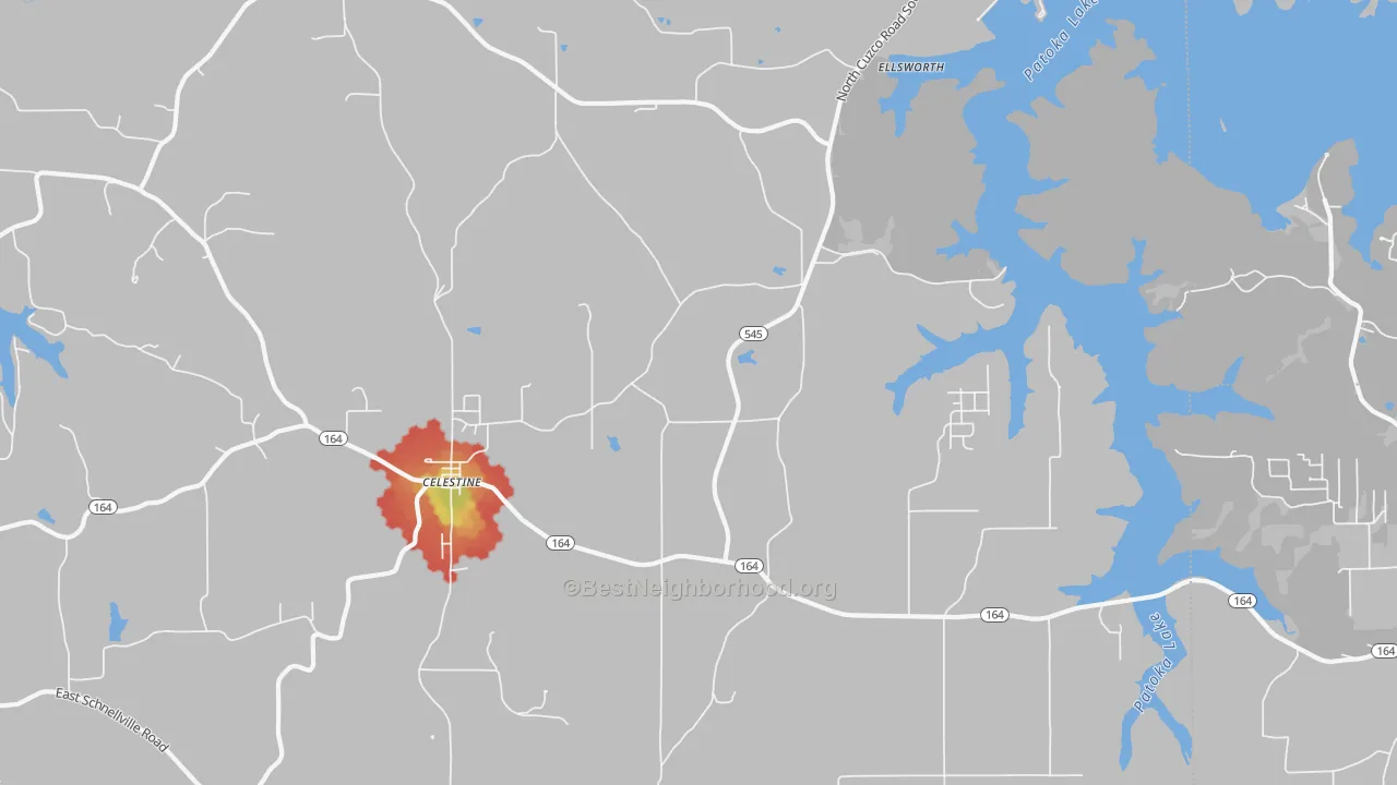Walk Grade map of 47521, IN, walkable areas in green and car-dependent areas in red