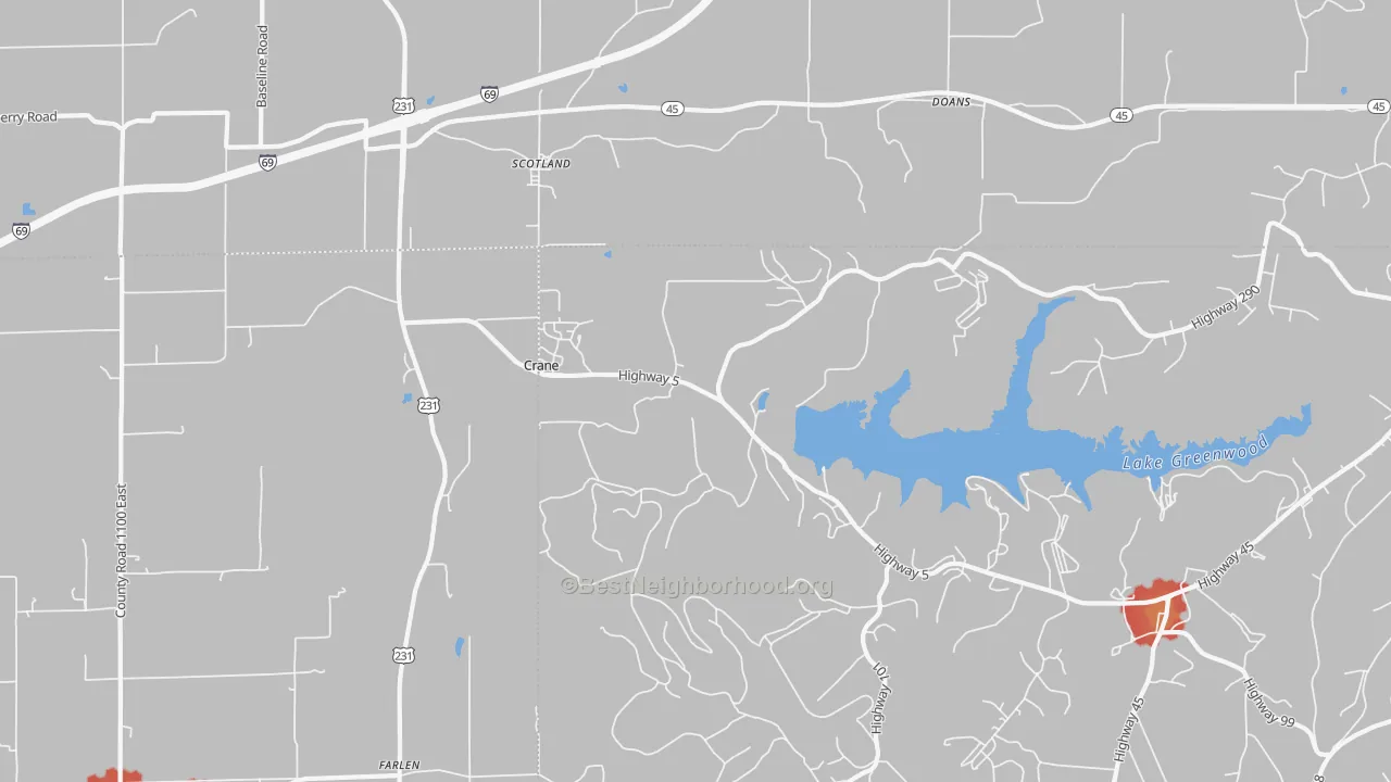 Walk Grade map of 47522, IN, walkable areas in green and car-dependent areas in red