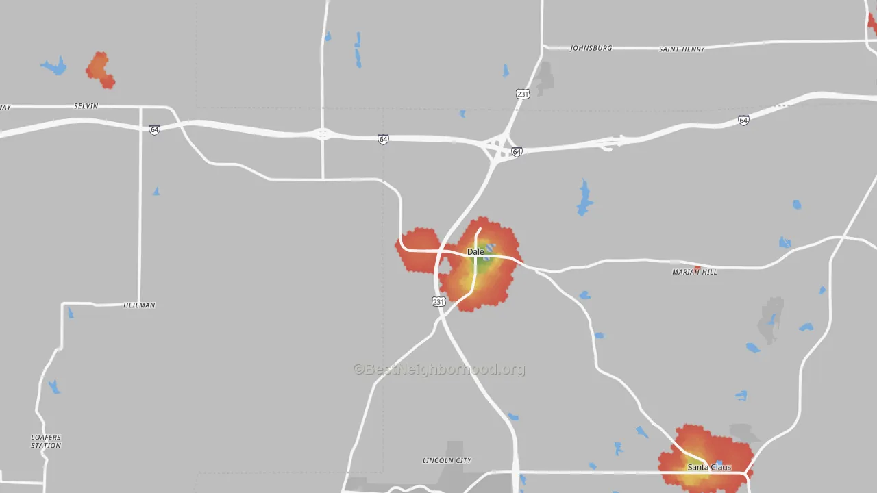Walk Grade map of 47523, IN, walkable areas in green and car-dependent areas in red