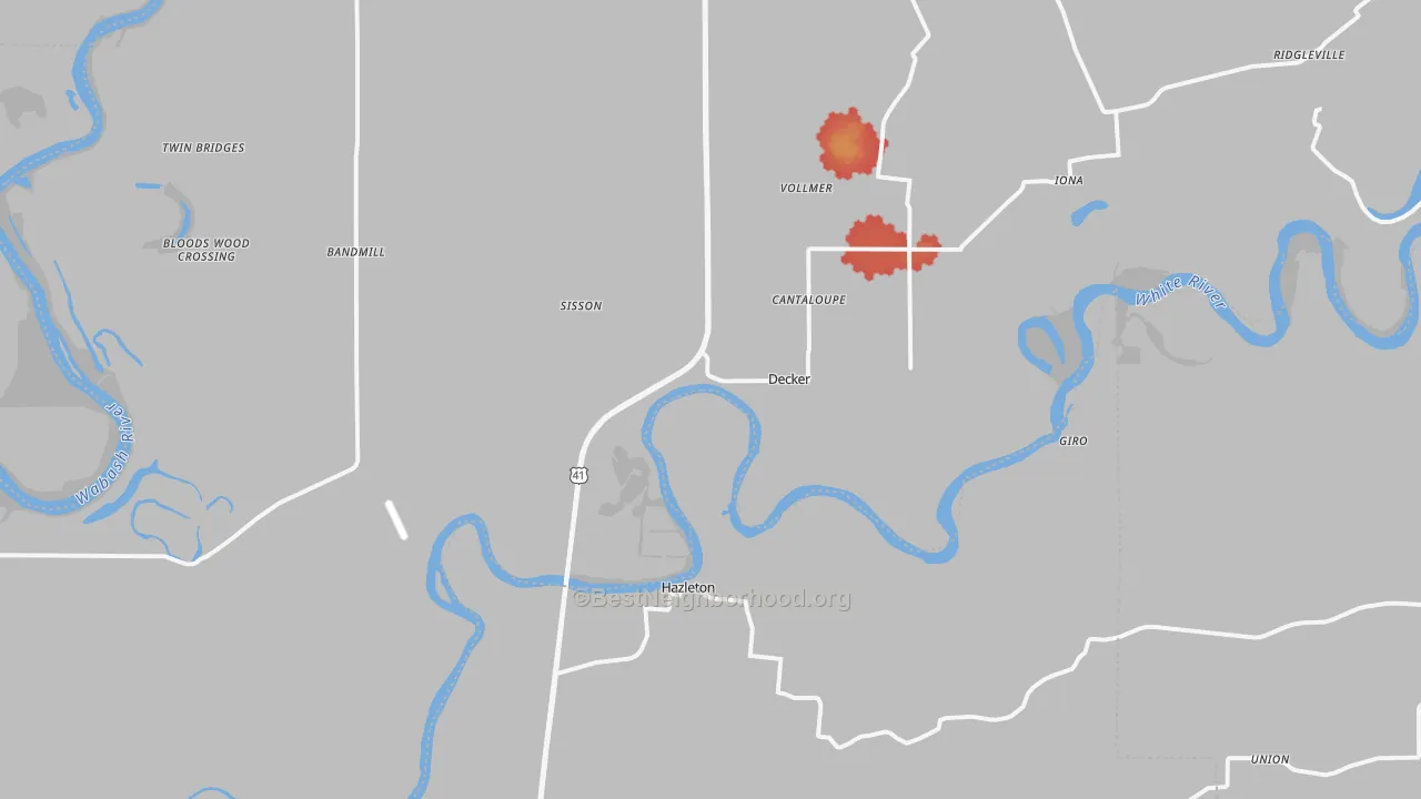 Walk Grade map of 47524, IN, walkable areas in green and car-dependent areas in red