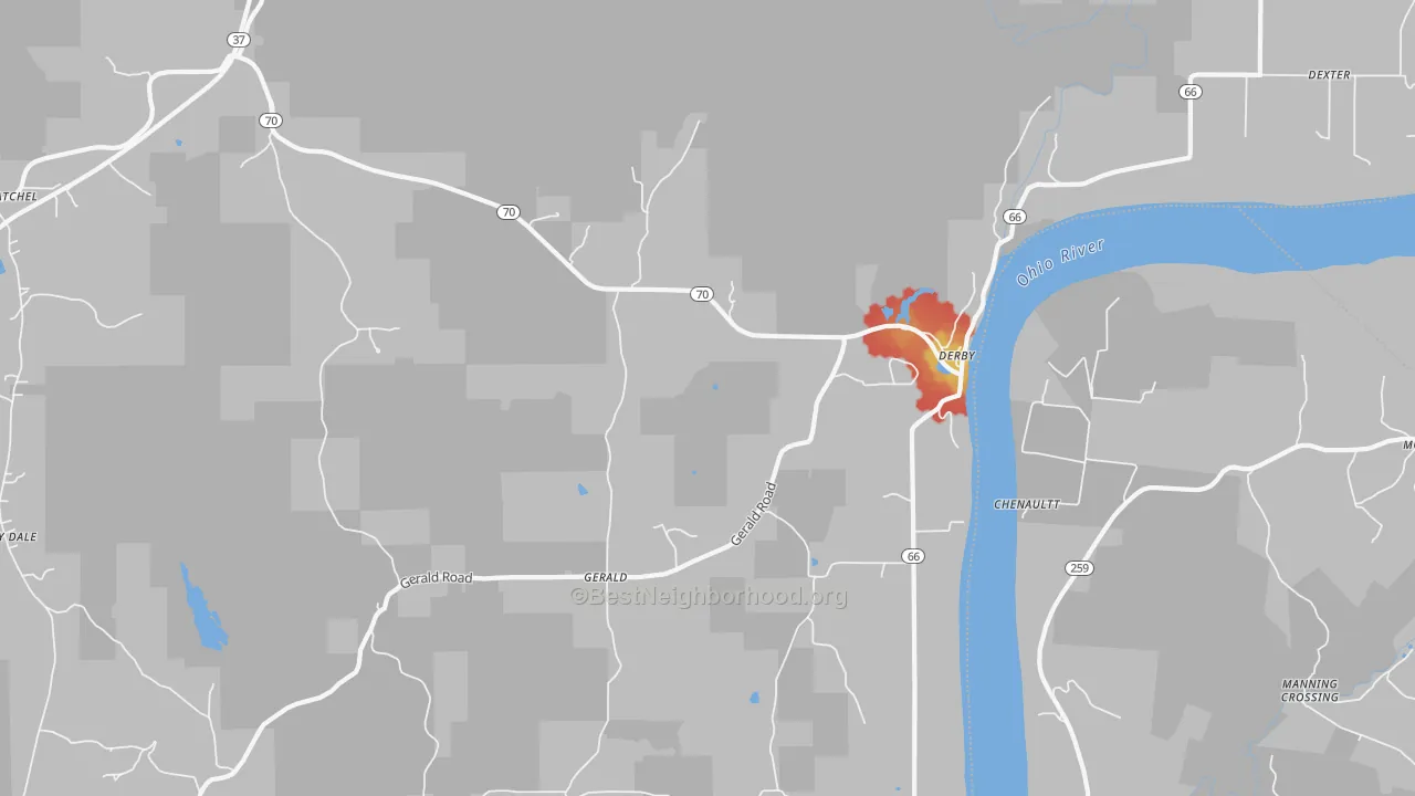 Walk Grade map of 47525, IN, walkable areas in green and car-dependent areas in red
