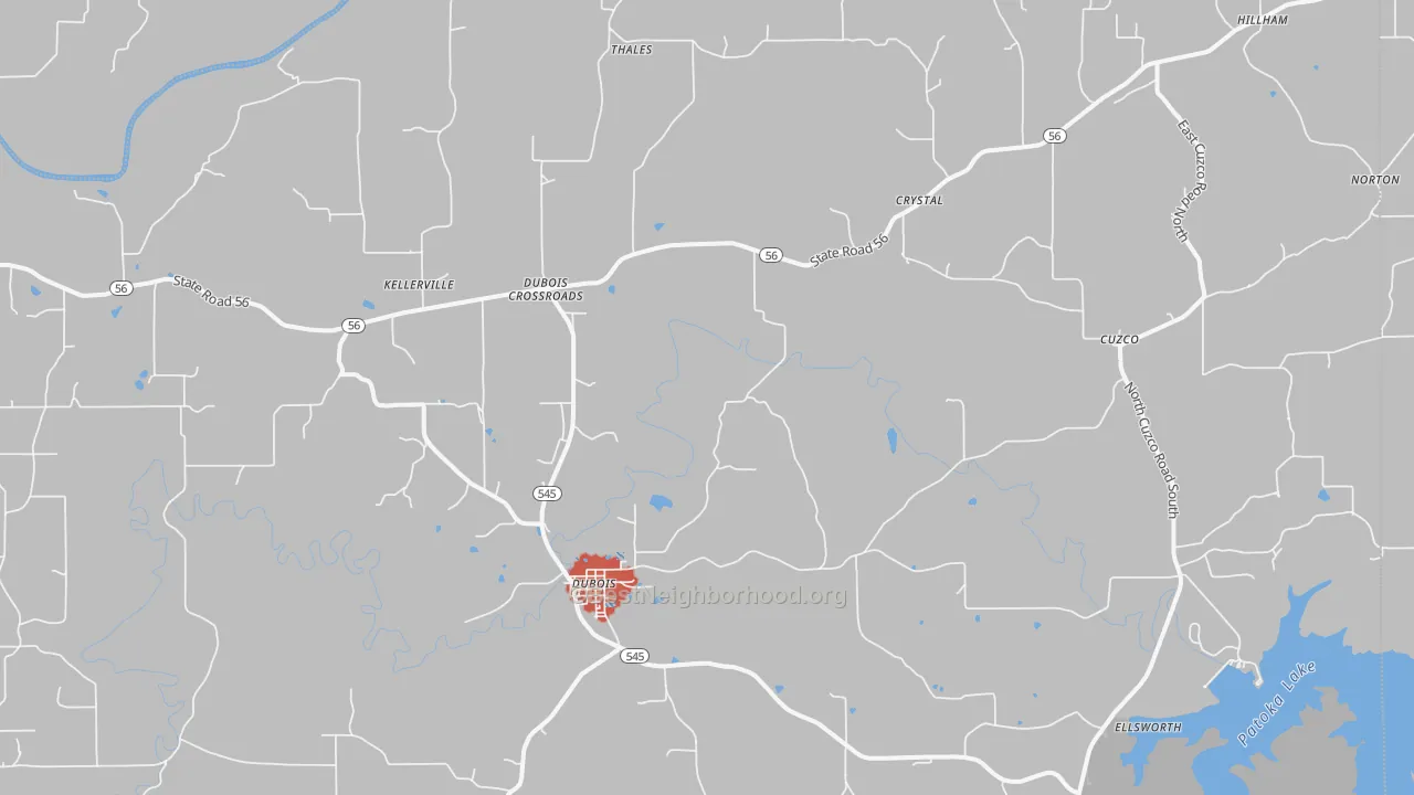 Walk Grade map of 47527, IN, walkable areas in green and car-dependent areas in red