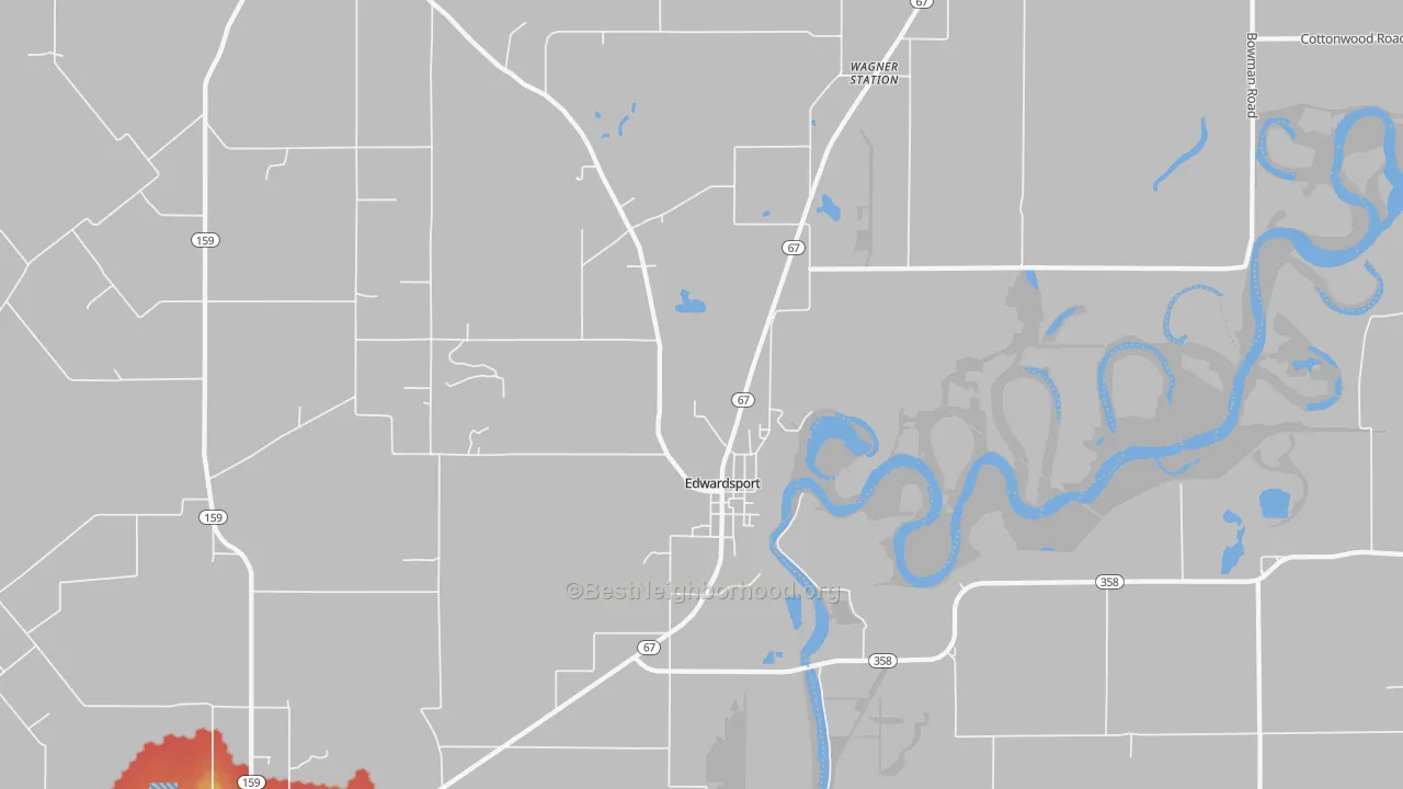 Walk Grade map of 47528, IN, walkable areas in green and car-dependent areas in red