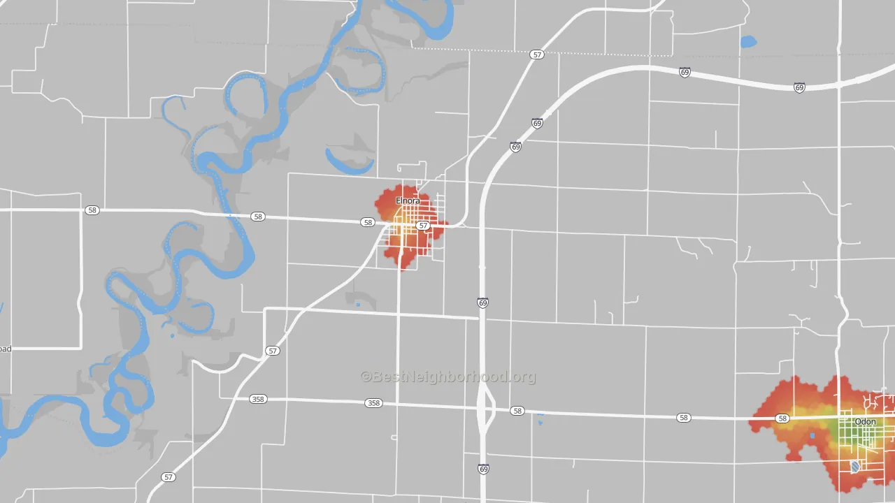 Walk Grade map of 47529, IN, walkable areas in green and car-dependent areas in red