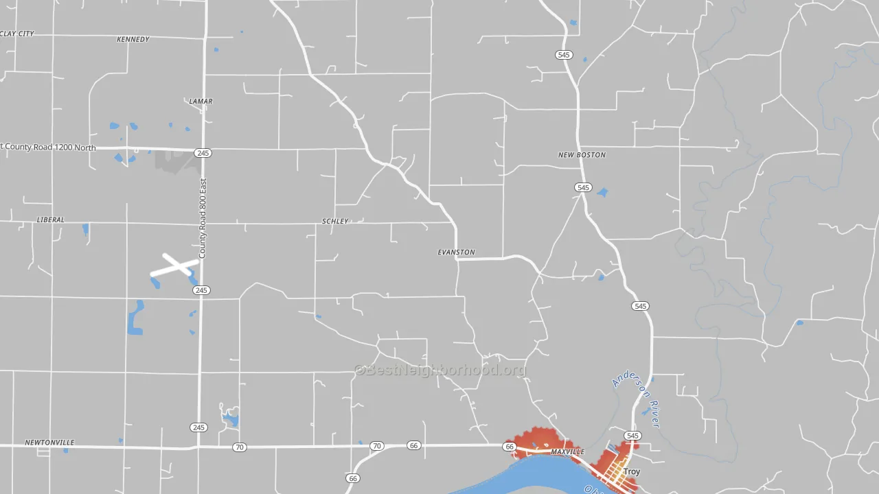 Walk Grade map of 47531, IN, walkable areas in green and car-dependent areas in red