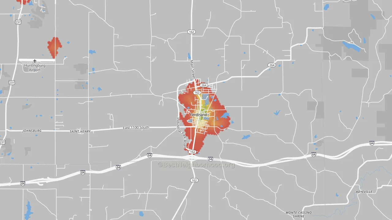 Walk Grade map of 47532, IN, walkable areas in green and car-dependent areas in red