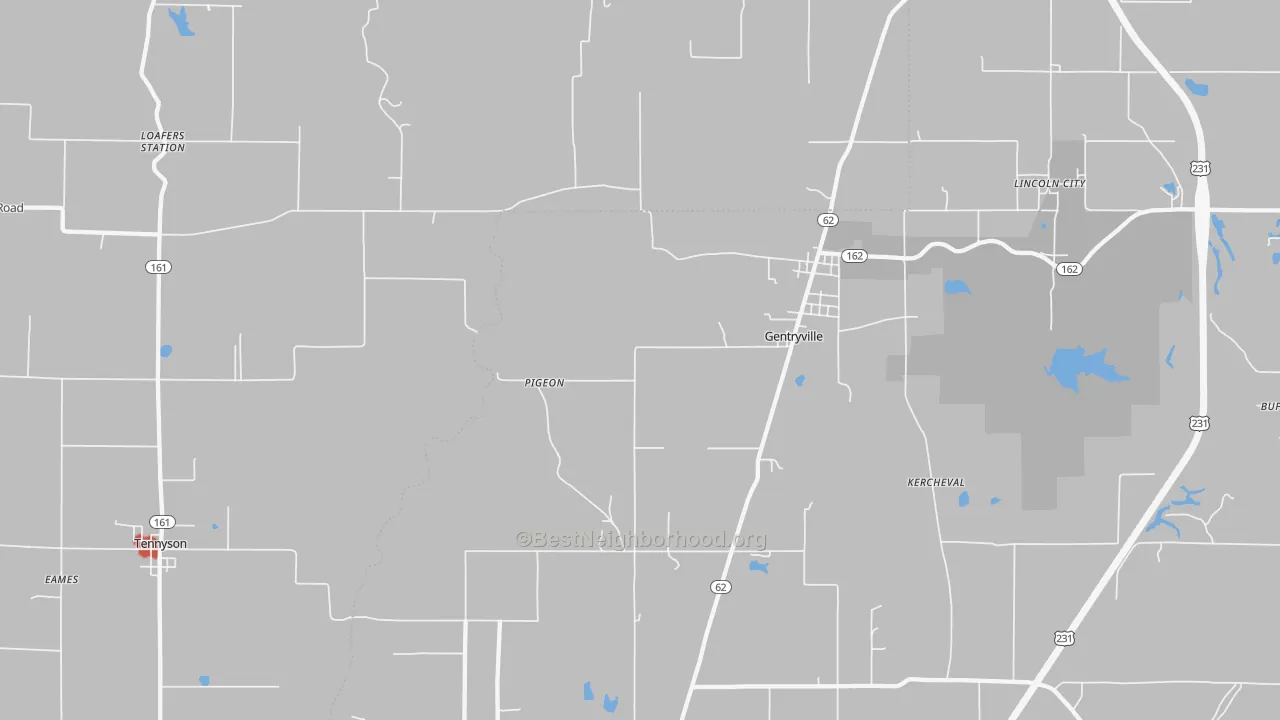 Walk Grade map of 47537, IN, walkable areas in green and car-dependent areas in red
