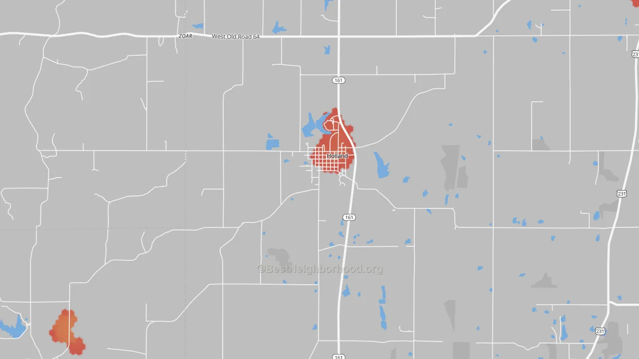 Walk Grade map of 47541, IN, walkable areas in green and car-dependent areas in red