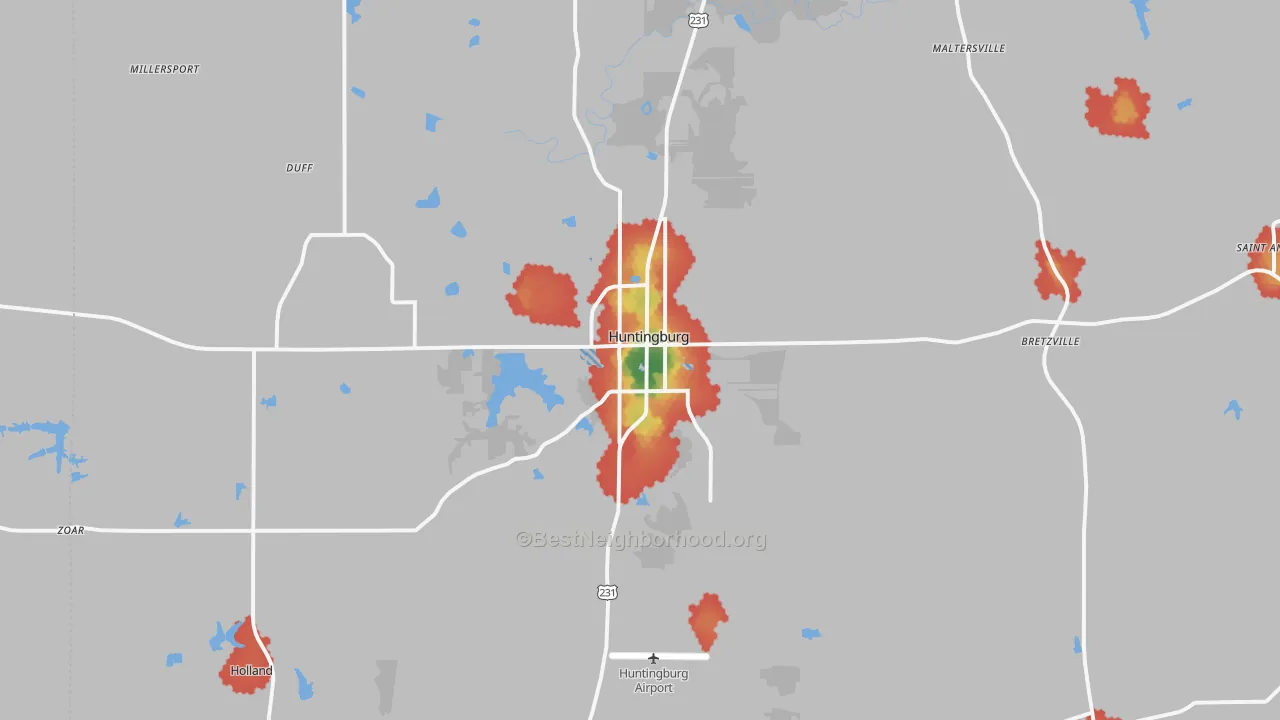 Walk Grade map of 47542, IN, walkable areas in green and car-dependent areas in red