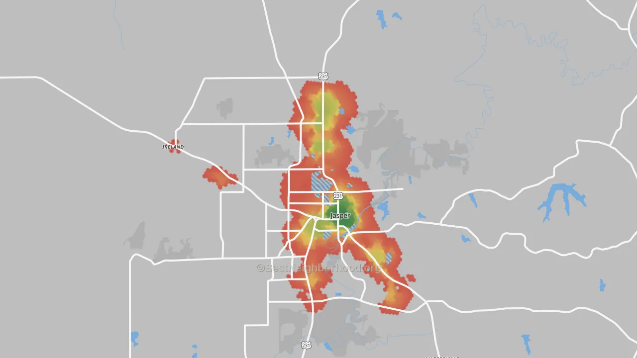 Walk Grade map of 47546, IN, walkable areas in green and car-dependent areas in red