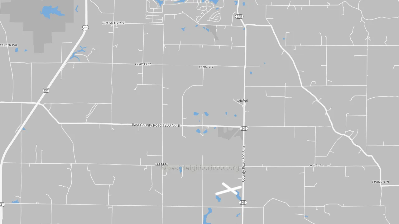 Walk Grade map of 47550, IN, walkable areas in green and car-dependent areas in red